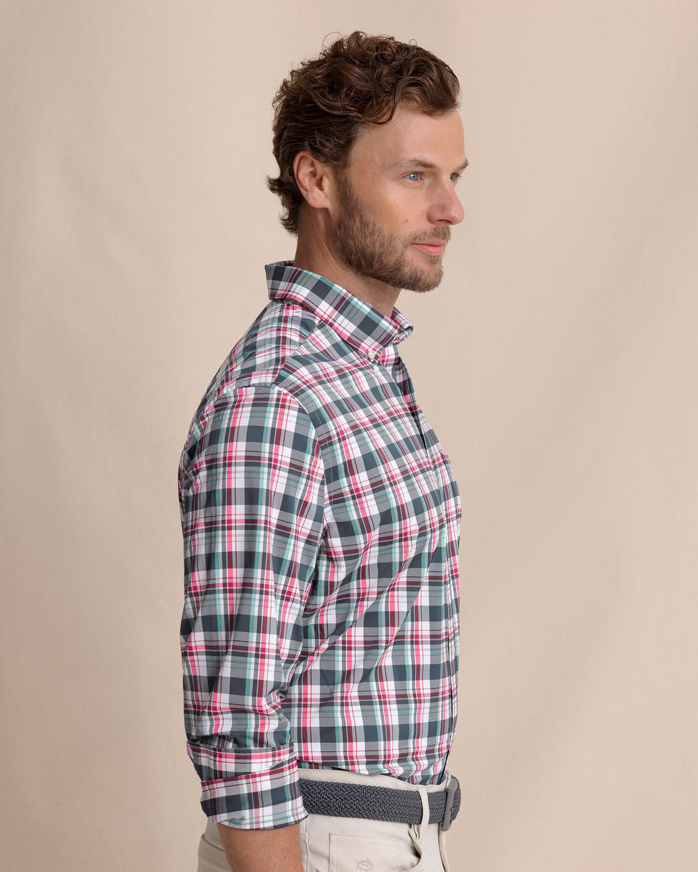 The side view of the Southern Tide Breakwater Plaid brrr°® Intercoastal Long Sleeve Sport Shirt by Southern Tide - Dress Blue