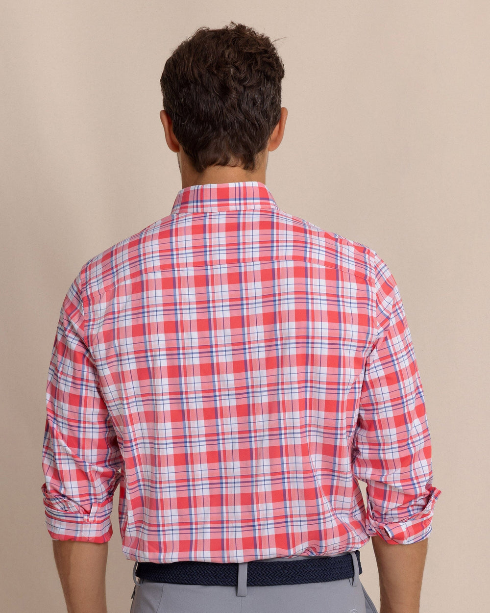 The back view of the Southern Tide Breakwater Plaid brrr°® Intercoastal Long Sleeve Sport Shirt by Southern Tide - Snapper