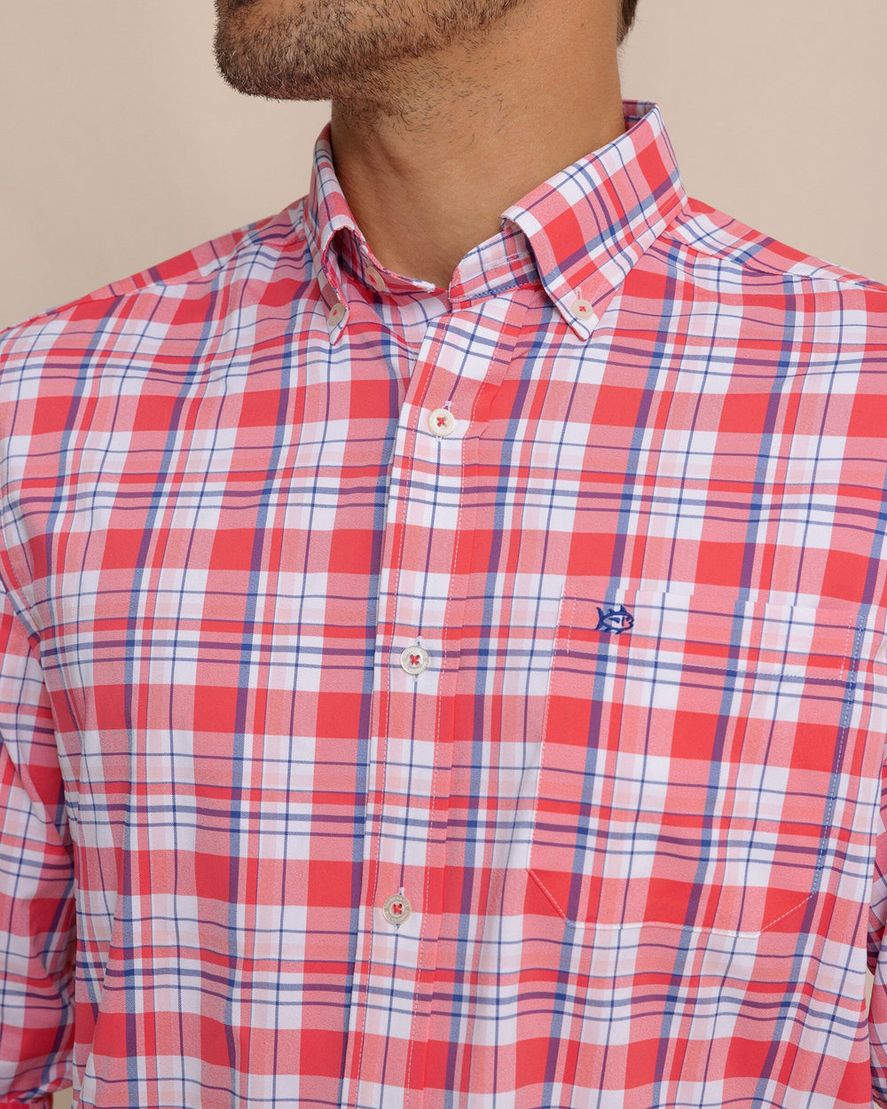The detail view of the Southern Tide Breakwater Plaid brrr°® Intercoastal Long Sleeve Sport Shirt by Southern Tide - Snapper