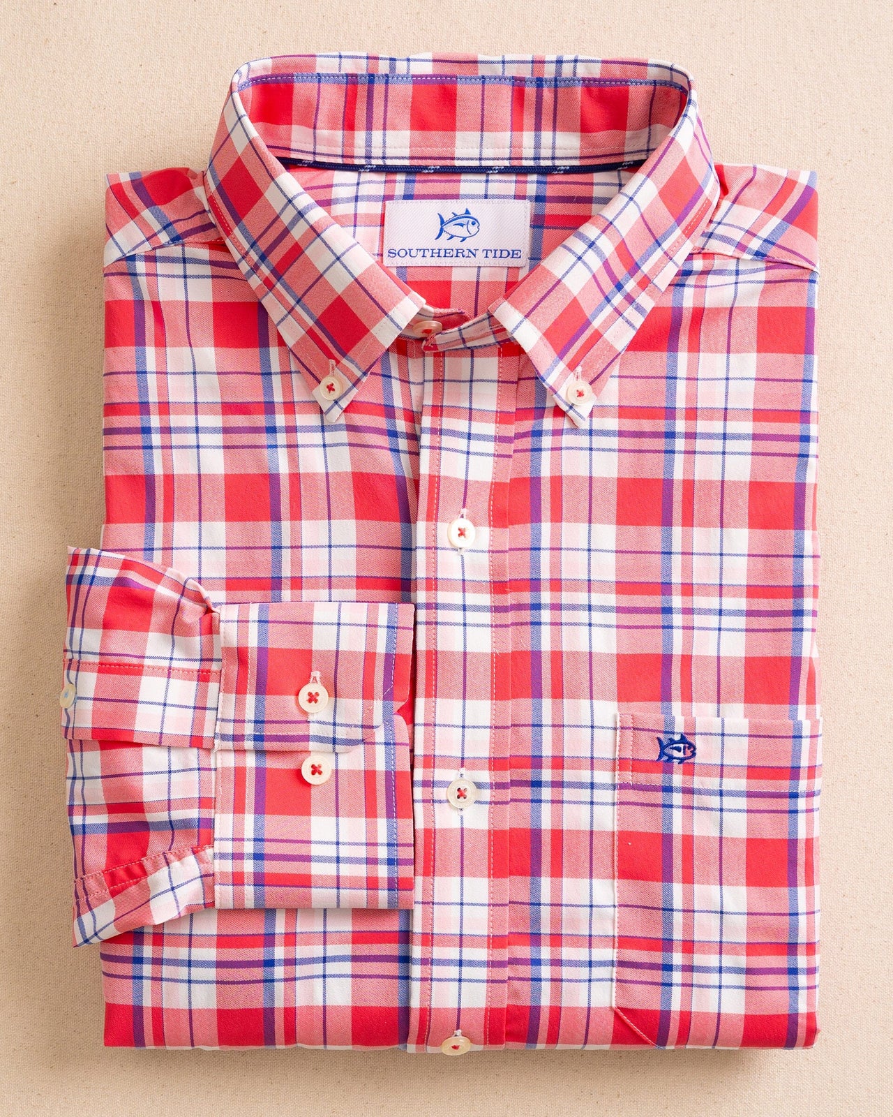 The front view of the Southern Tide Breakwater Plaid brrr°® Intercoastal Long Sleeve Sport Shirt by Southern Tide - Snapper