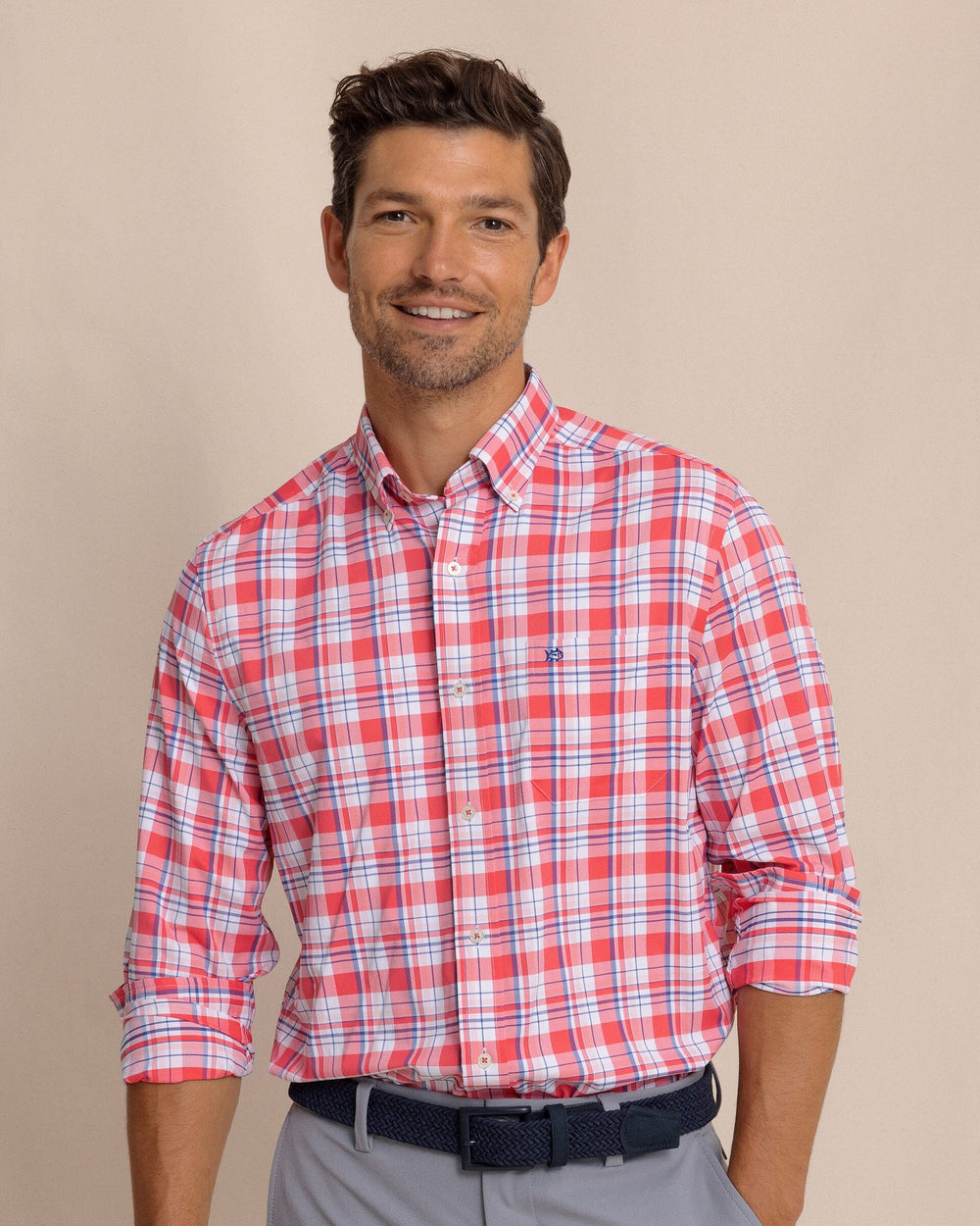 The front view of the Southern Tide Breakwater Plaid brrr°® Intercoastal Long Sleeve Sport Shirt by Southern Tide - Snapper