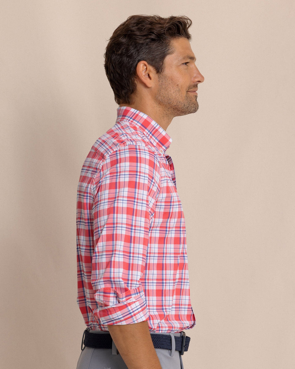 The side view of the Southern Tide Breakwater Plaid brrr°® Intercoastal Long Sleeve Sport Shirt by Southern Tide - Snapper