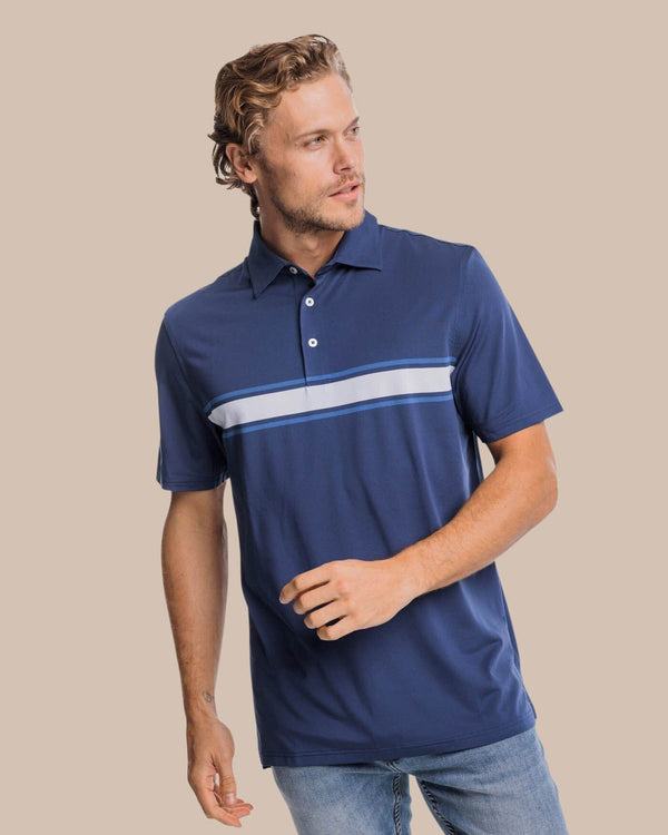 The front view of the Southern Tide Brenton Chest Stripe Performance Polo by Southern Tide - Navy