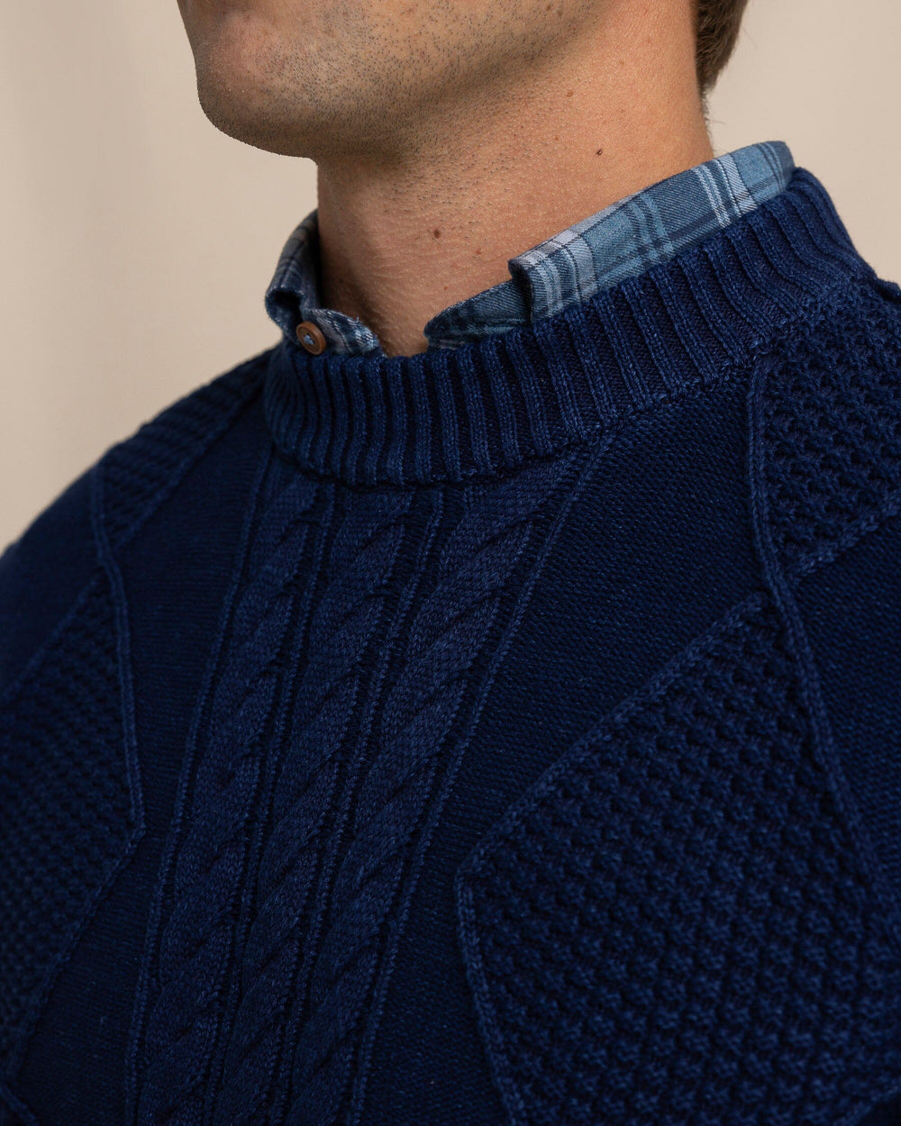 The detail view of the Southern Tide Broad River Indigo Crewneck by Southern Tide - Dark Wash Indigo