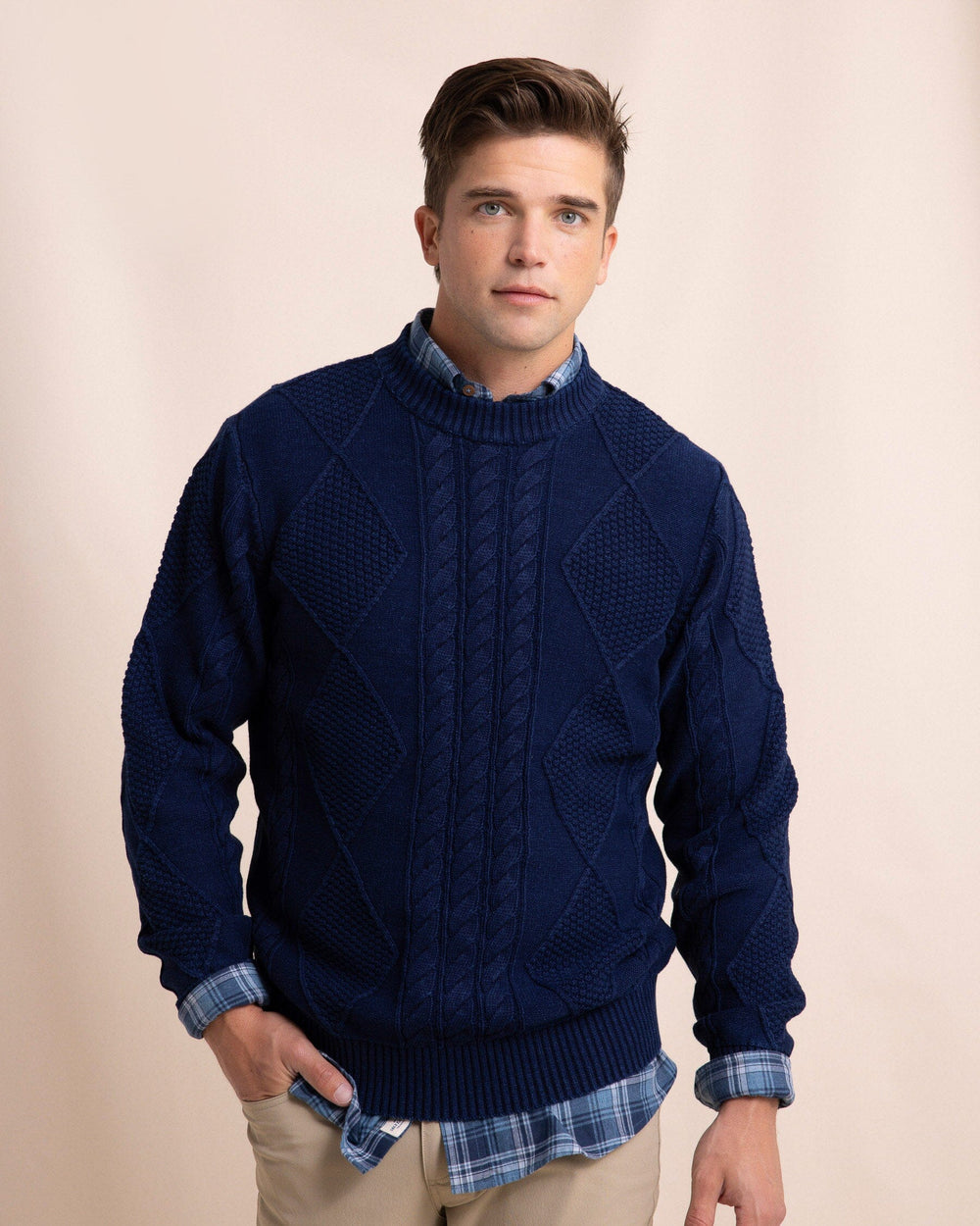 The front view of the Southern Tide Broad River Indigo Crewneck by Southern Tide - Dark Wash Indigo