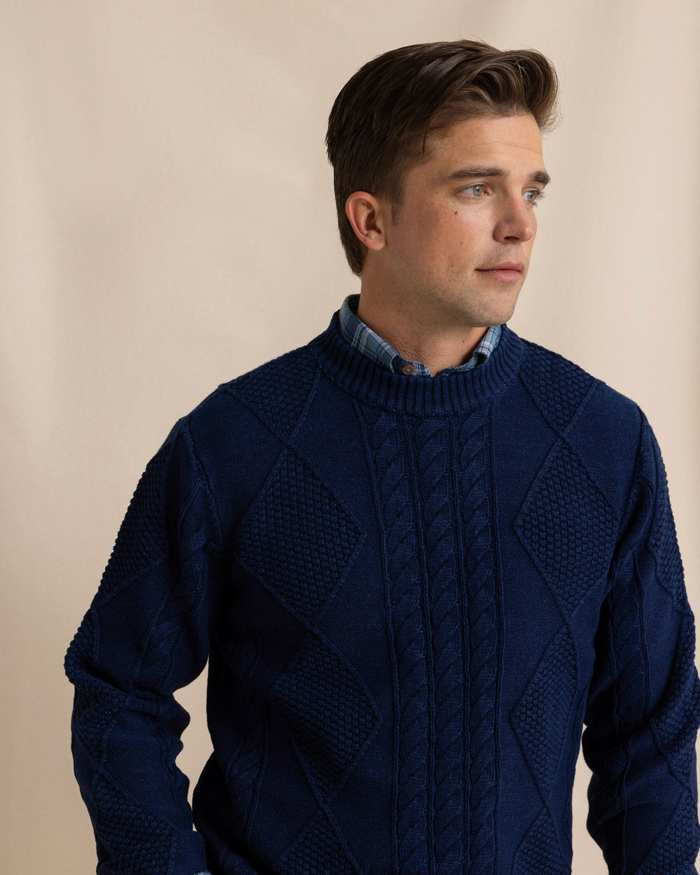 The front view of the Southern Tide Broad River Indigo Crewneck by Southern Tide - Dark Wash Indigo