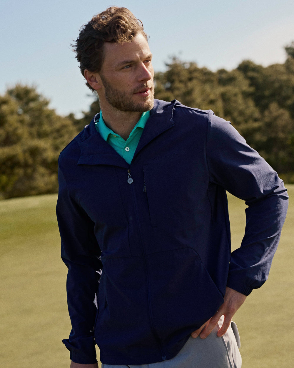 The lifestyle view of the Southern Tide Brookview Performance Jacket by Southern Tide - Dress Blue