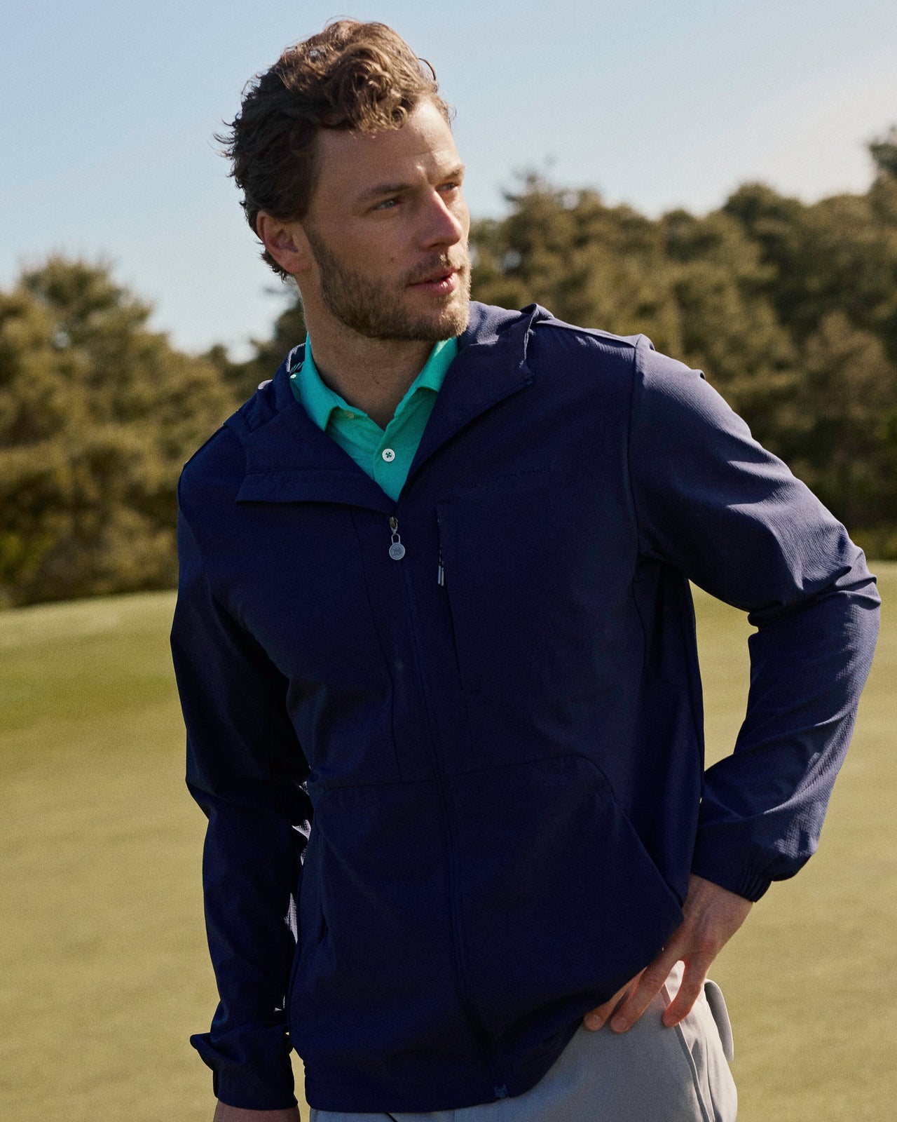 The lifestyle view of the Southern Tide Brookview Performance Jacket by Southern Tide - Dress Blue