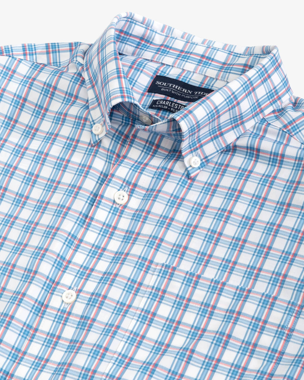 The detail view of the Southern Tide brrr Charleston Intercoastal Ashmore Plaid Long Sleeve Button Down Sport shirt by Southern Tide - Classic White