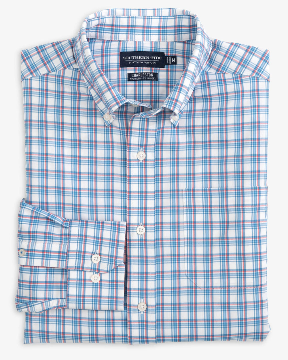 The folded view of the Southern Tide brrr Charleston Intercoastal Ashmore Plaid Long Sleeve Button Down Sport shirt by Southern Tide - Classic White