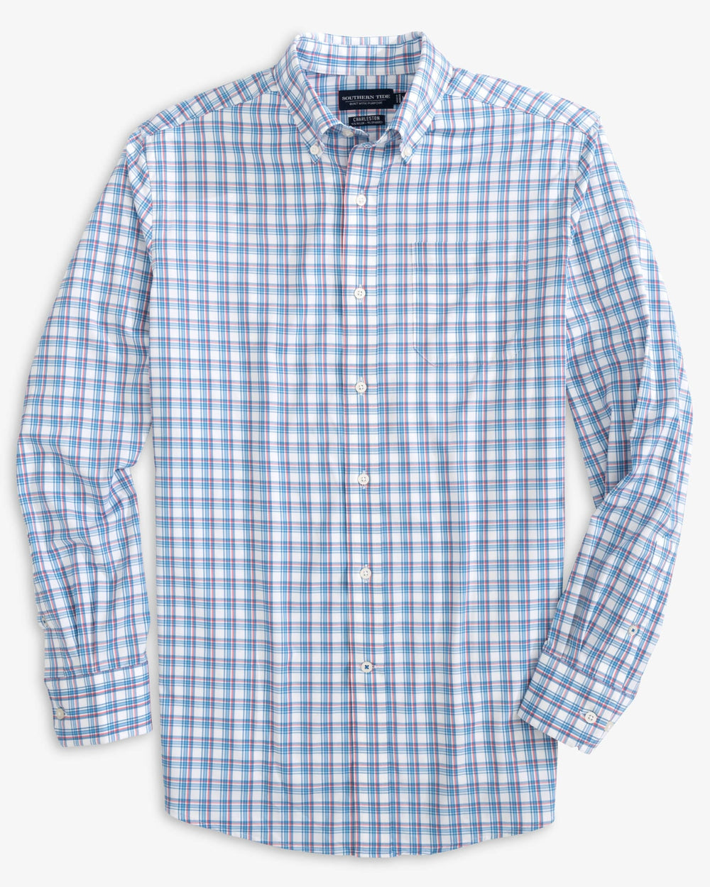 The front view of the Southern Tide brrr Charleston Intercoastal Ashmore Plaid Long Sleeve Button Down Sport shirt by Southern Tide - Classic White