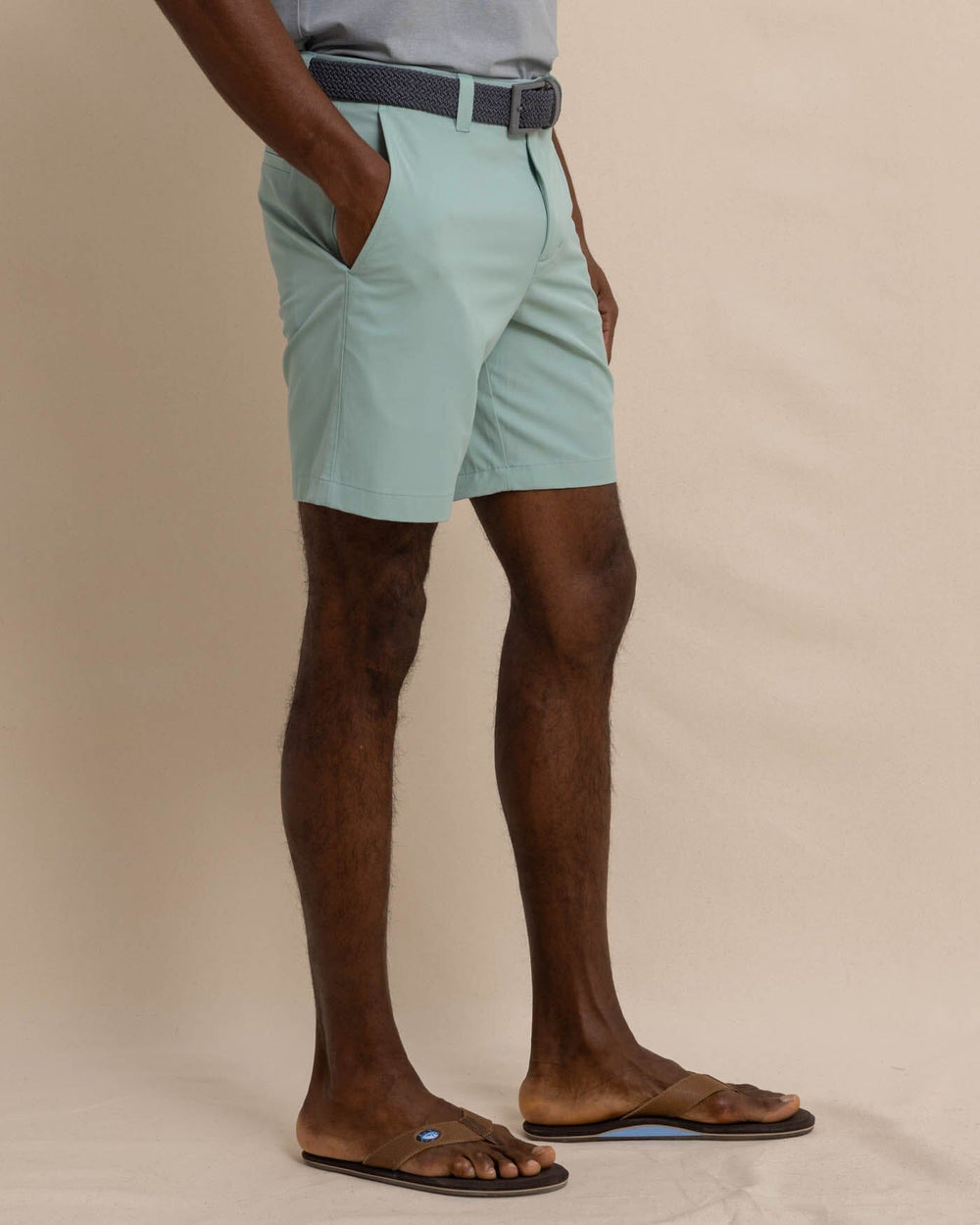 The detail view of the Southern Tide brrr die 8 performance short by Southern Tide - Green Surf