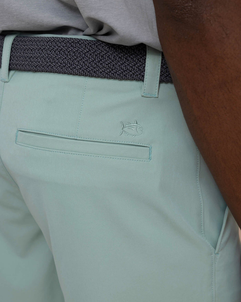 The detail view of the Southern Tide brrr die 8 performance short by Southern Tide - Green Surf