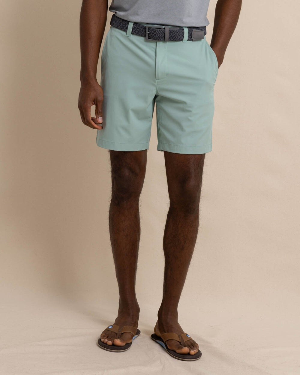 The front view of the Southern Tide brrr die 8 performance short by Southern Tide - Green Surf