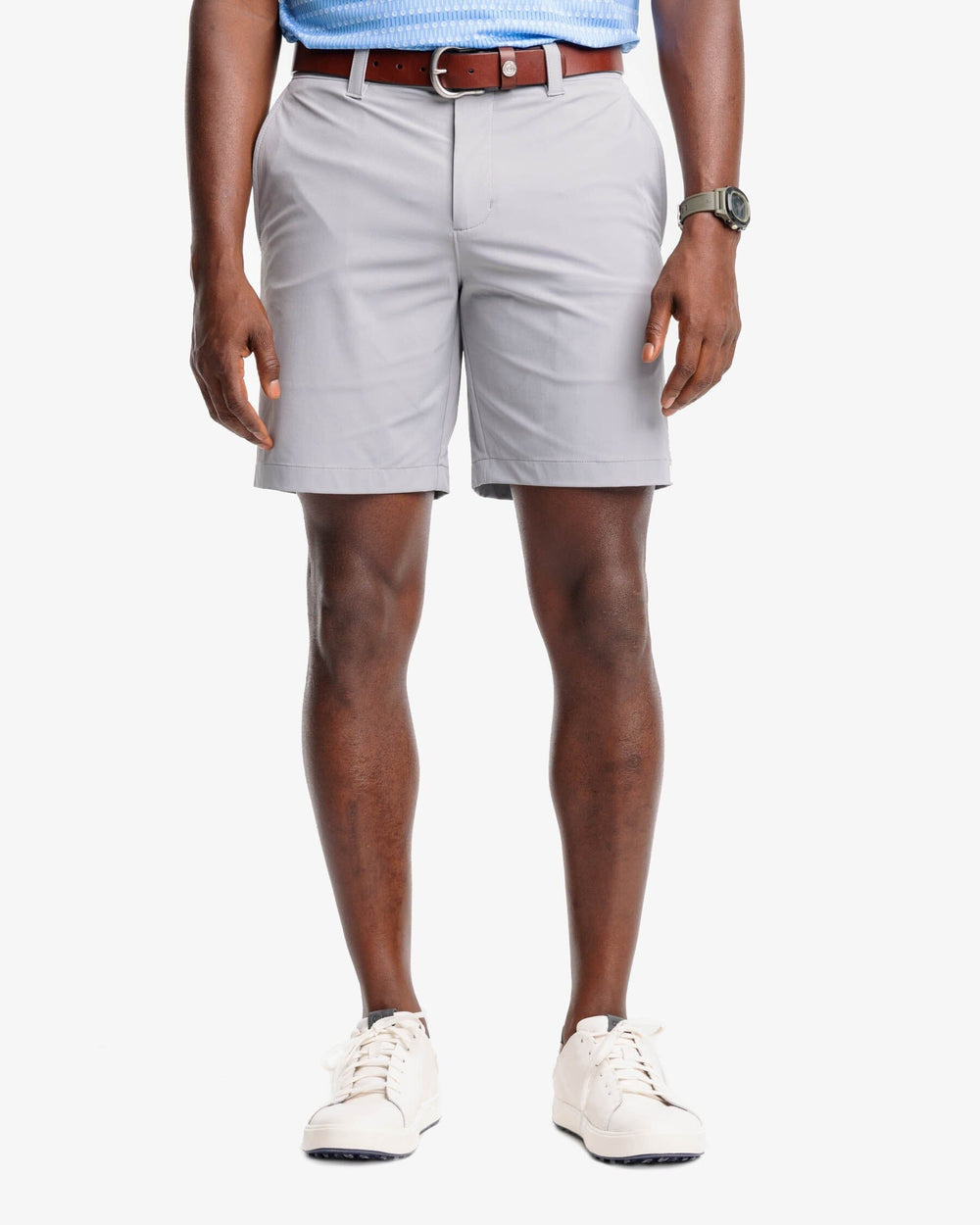 The front view of the Southern Tide brrr die performance short 1 by Southern Tide - Steel Grey