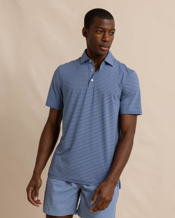 The front view of the Southern Tide brrr eeze Beattie Stripe Performance Polo by Southern Tide - Aged Denim