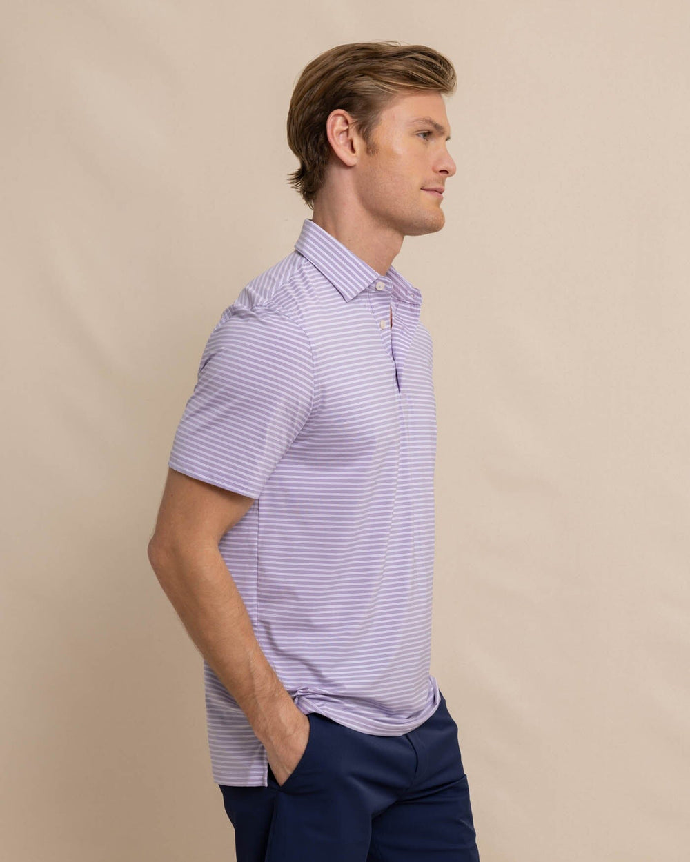 The front view of the Southern Tide brrr eeze Beattie Stripe Performance Polo by Southern Tide - Wisteria Purple