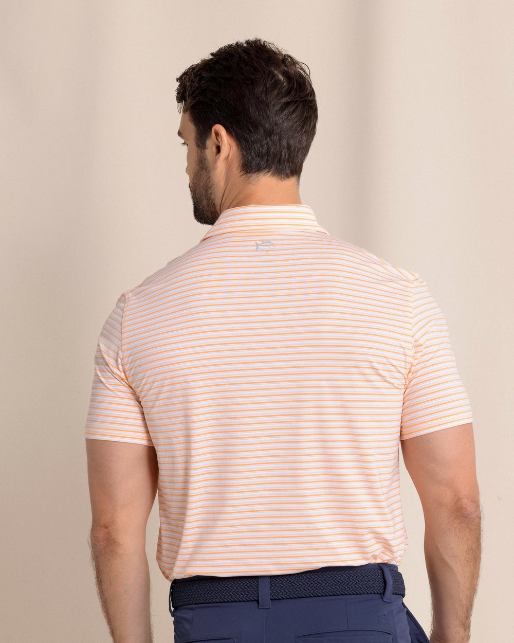 The back view of the Southern Tide brrr°®-eeze Breezy Point Stripe Polo by Southern Tide - Cantaloupe