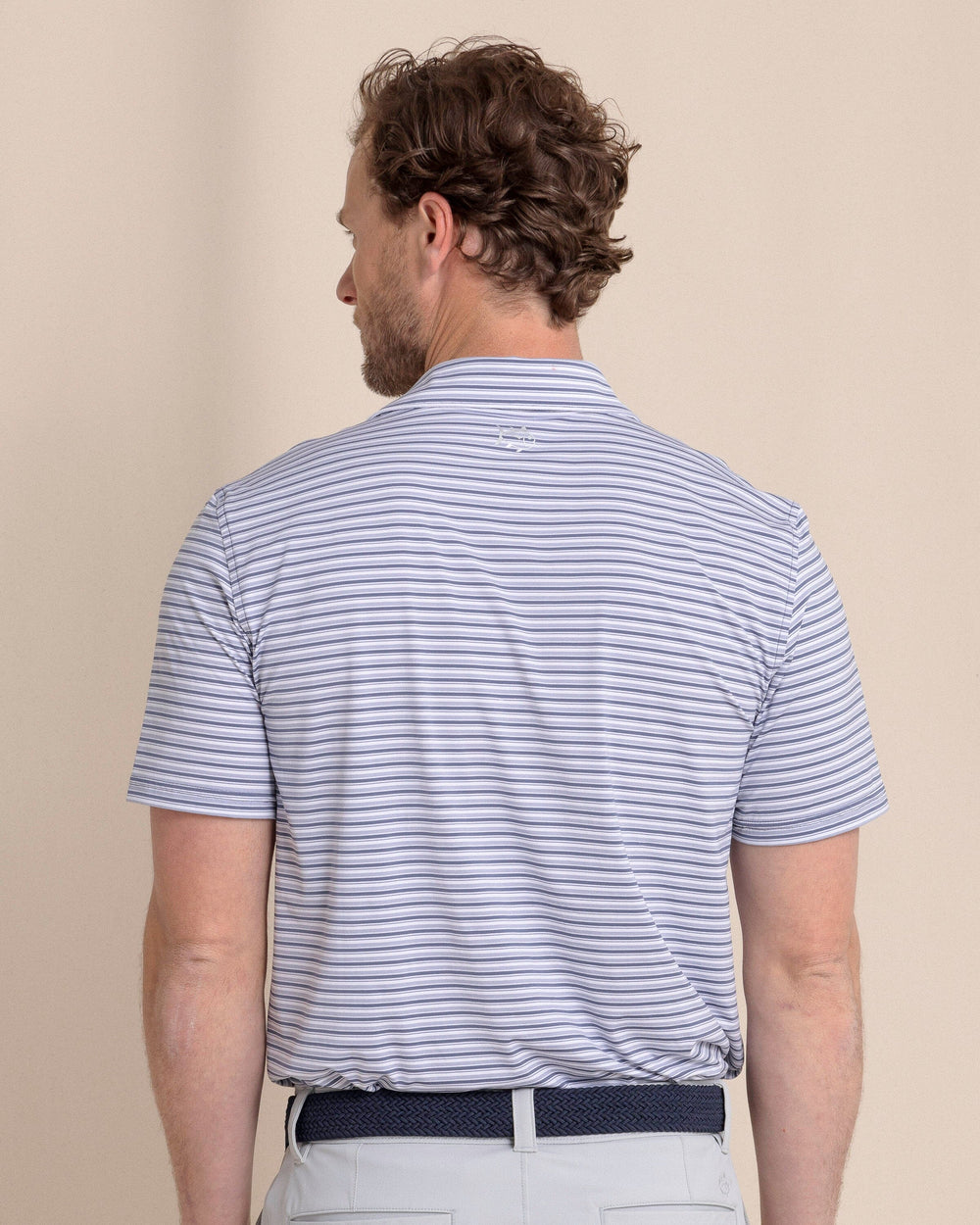 The back view of the Southern Tide brrr°®-eeze Breezy Point Stripe Polo by Southern Tide - Light Indigo