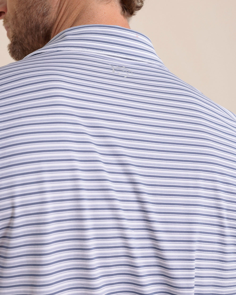 The back detail view of the Southern Tide brrr°®-eeze Breezy Point Stripe Polo by Southern Tide - Light Indigo