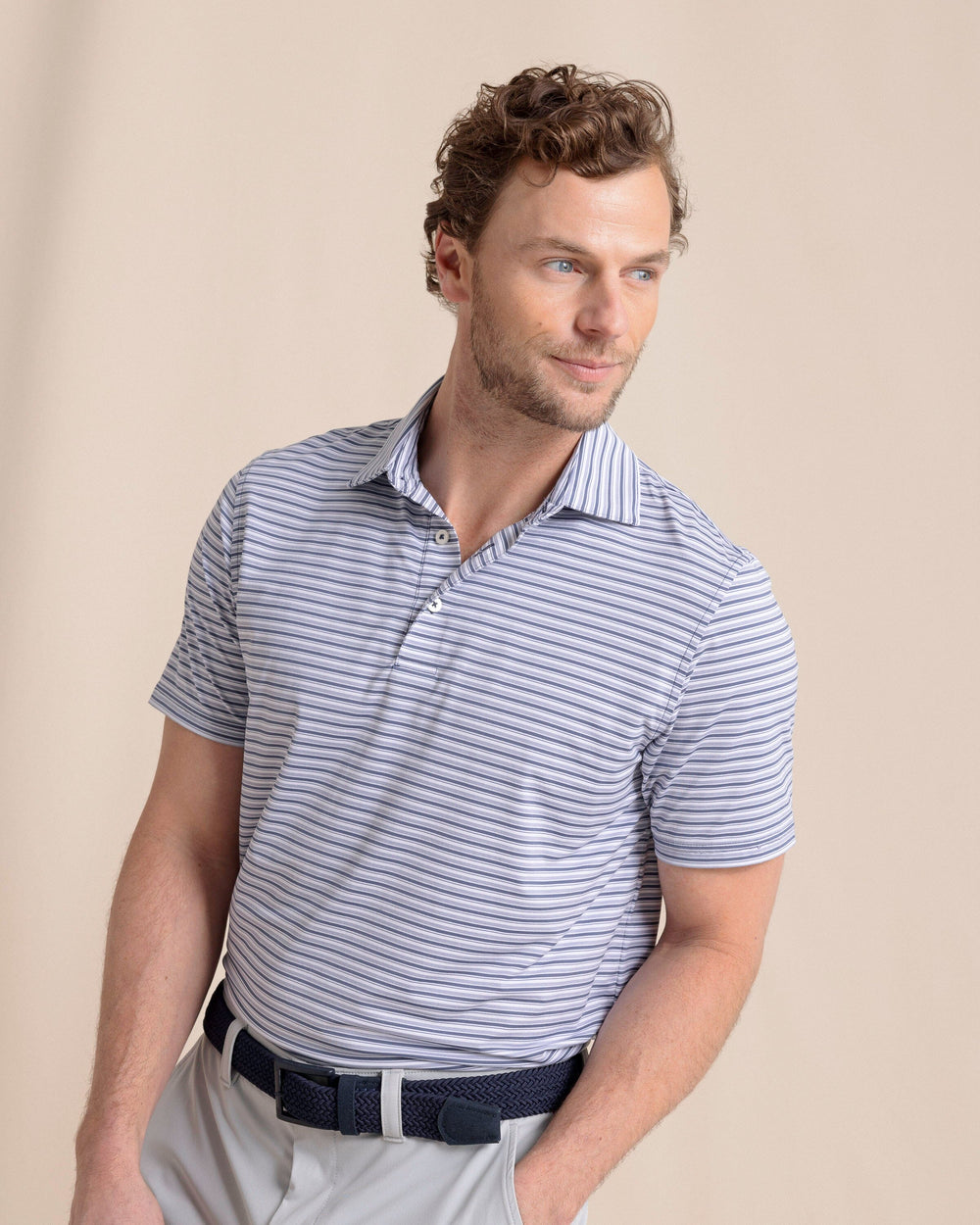 The front view of the Southern Tide brrr°®-eeze Breezy Point Stripe Polo by Southern Tide - Light Indigo