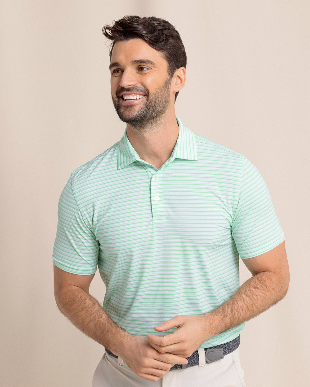 The front view of the Southern Tide brrr°®-eeze Breezy Point Stripe Polo by Southern Tide - Parakeet