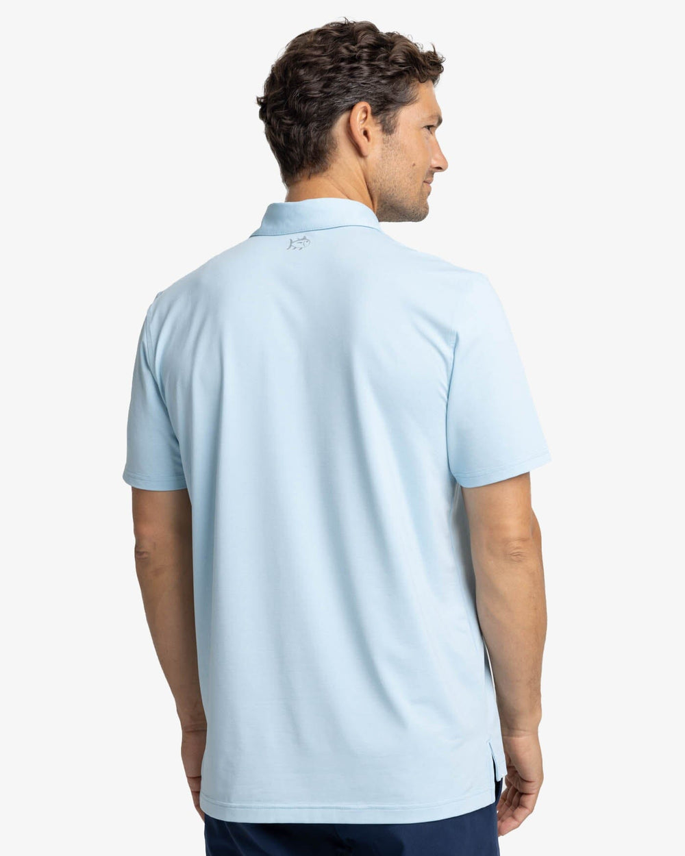 The back view of the Southern Tide brrr-eeze Heather Performance Polo Shirt by Southern Tide - Heather Dream Blue