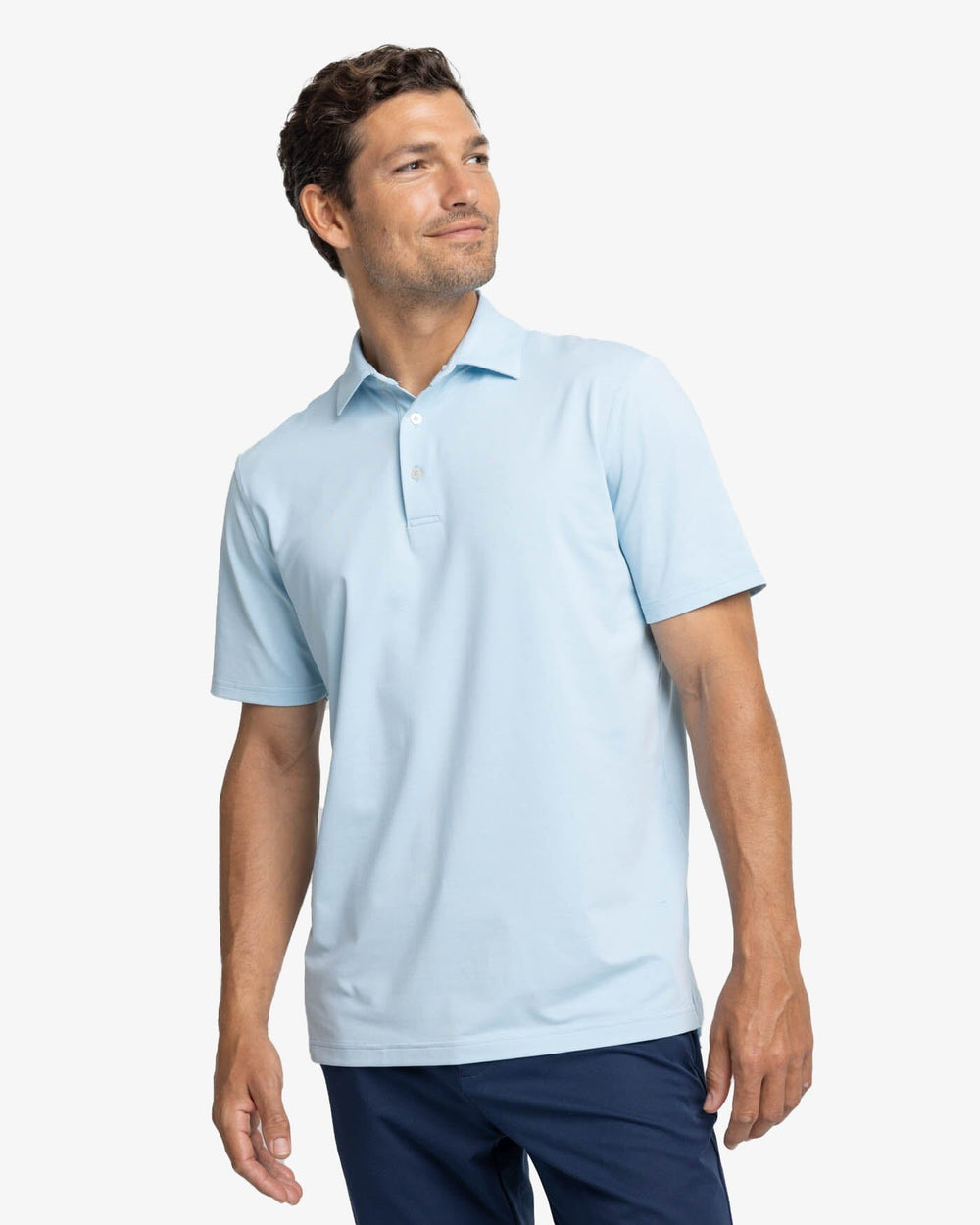 The front view of the Southern Tide brrr-eeze Heather Performance Polo Shirt by Southern Tide - Heather Dream Blue