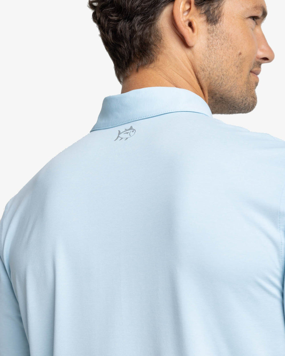 The yoke view of the Southern Tide brrr-eeze Heather Performance Polo Shirt by Southern Tide - Heather Dream Blue