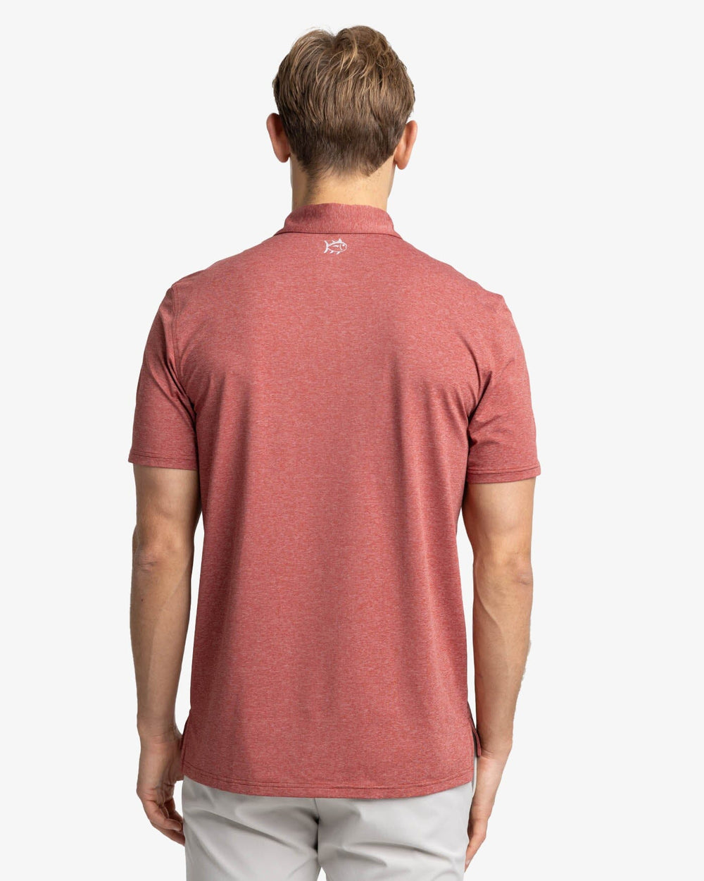 The back view of the Southern Tide brrr-eeze Heather Performance Polo Shirt by Southern Tide - Heather Tuscany Red