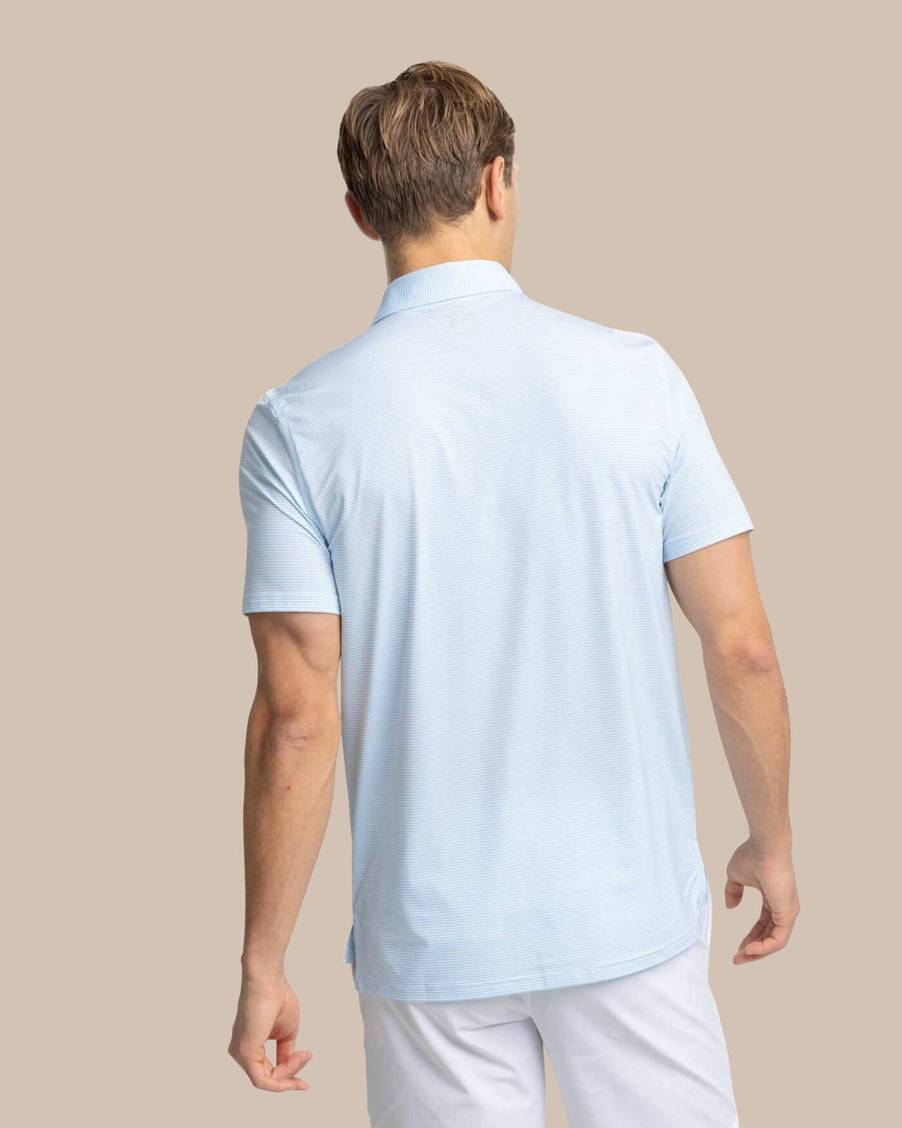 The back view of the Southern Tide brrr-eeze Meadowbrook Stripe Polo by Southern Tide - Clearwater Blue
