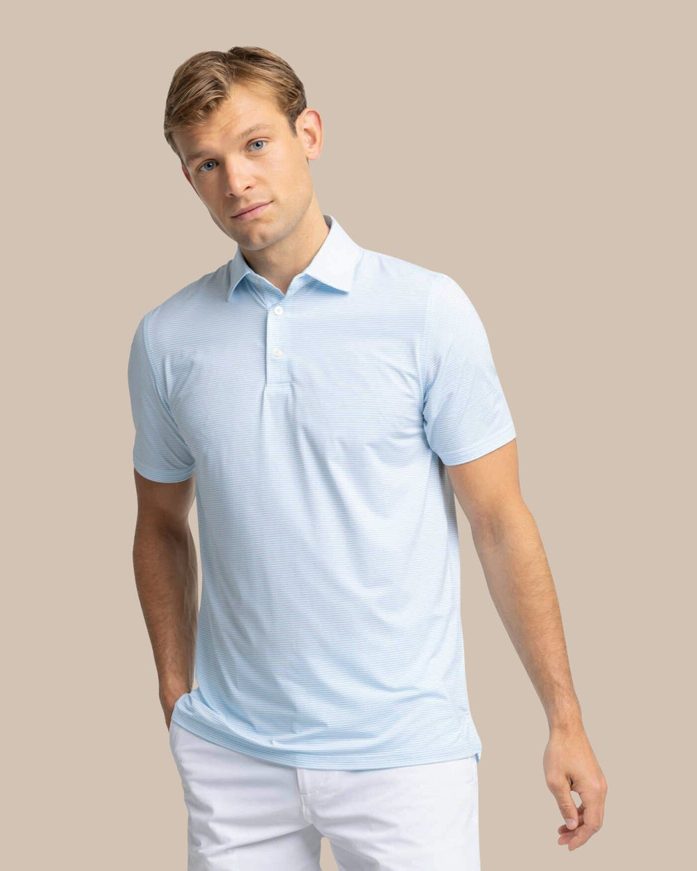 The front view of the Southern Tide brrr-eeze Meadowbrook Stripe Polo by Southern Tide - Clearwater Blue