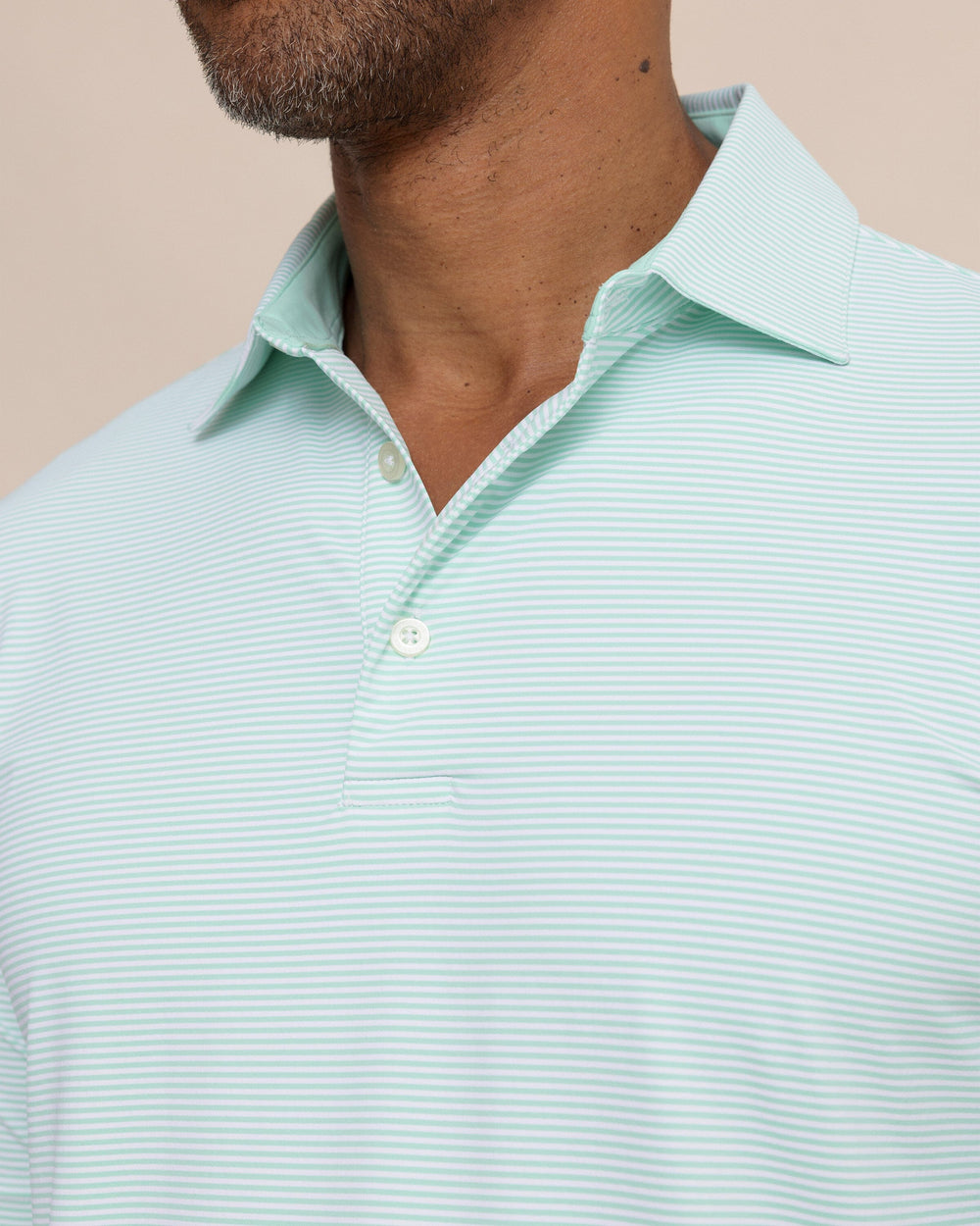 The detail view of the Southern Tide brrr°®-eeze Meadowbrook Stripe Polo by Southern Tide - Garden Grove