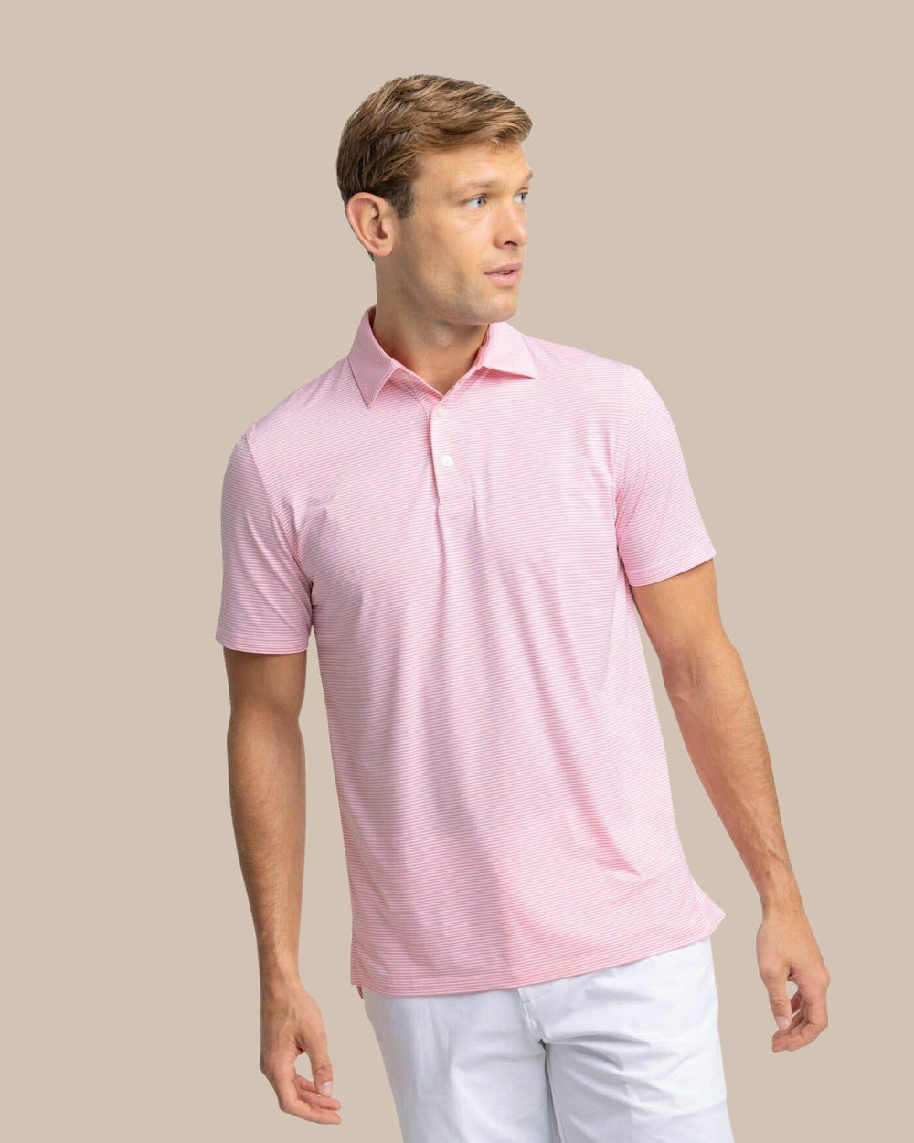 The front view of the Southern Tide brrr-eeze Meadowbrook Stripe Polo by Southern Tide - Geranium Pink