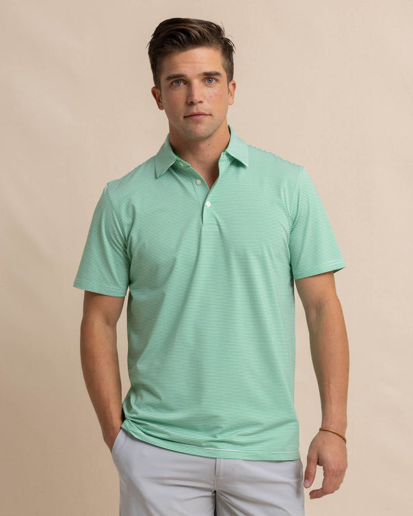 The front view of the Southern Tide brrr-eeze-meadowbrook-stripe-polo by Southern Tide - Lawn Green