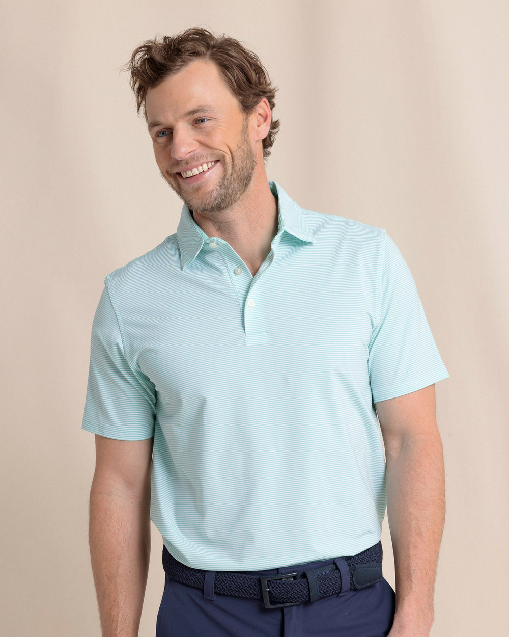 The front view of the Southern Tide brrr°®-eeze Meadowbrook Stripe Polo by Southern Tide - Mint