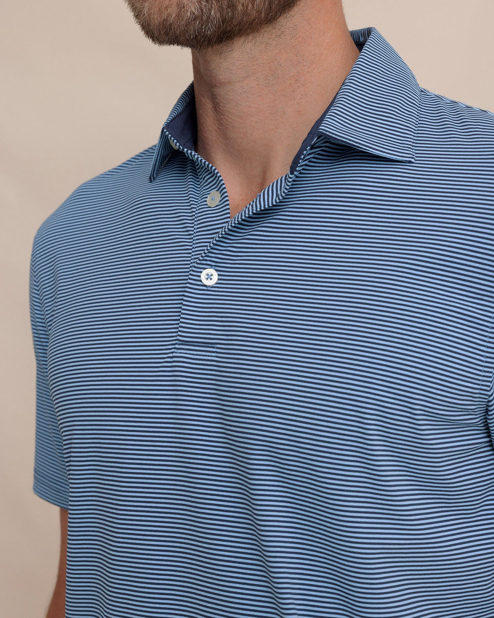 The detail view of the Southern Tide brrr°®-eeze Meadowbrook Stripe Polo by Southern Tide - Ocean Channel 