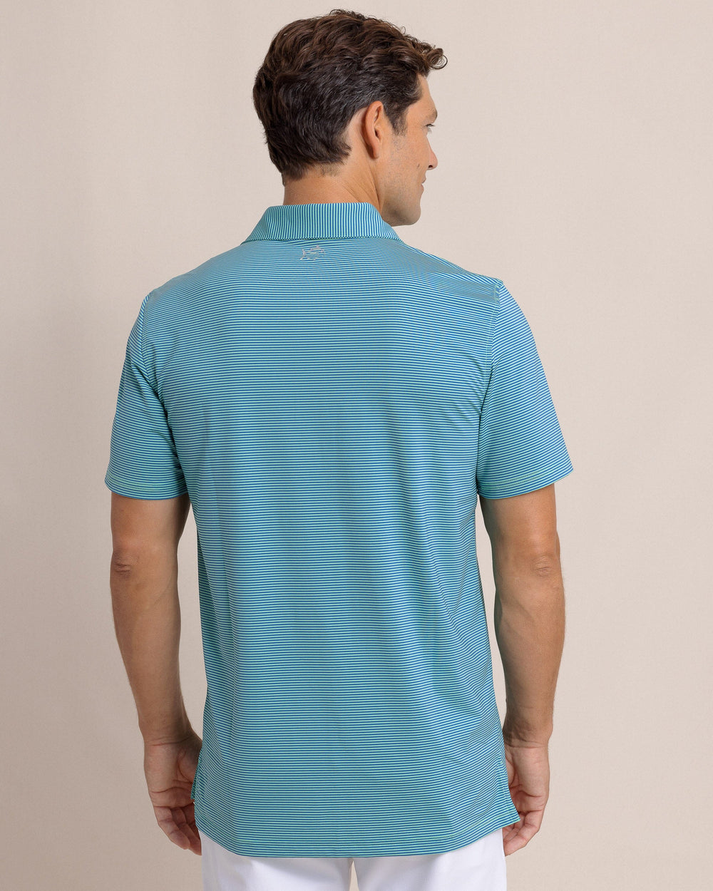 The back view of the Southern Tide brrr-eeze Meadowbrook Stripe Polo by Southern Tide - Parakeet