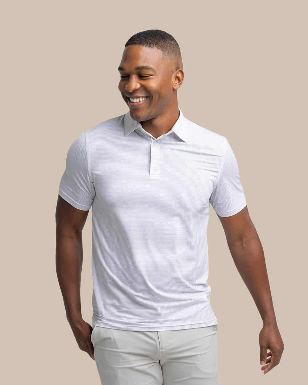 The front view of the Southern Tide brrr-eeze Meadowbrook Stripe Polo by Southern Tide - Platinum Grey