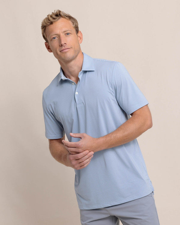 The front view of the Southern Tide brrr-eeze Meadowbrook Stripe Polo by Southern Tide - Triumph Blue