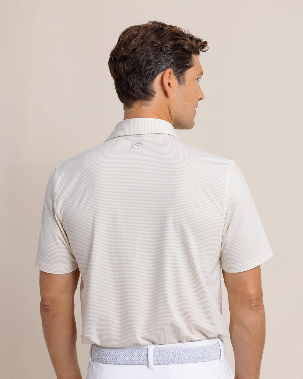 The back view of the Southern Tide brrr-eeze Meadowbrook Stripe Polo by Southern Tide - Sand White