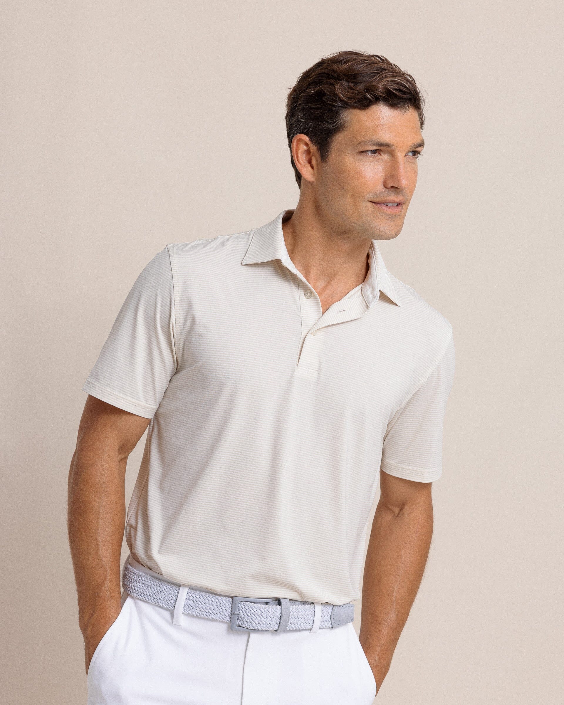Men's brrr°®-eeze Meadowbrook Stripe Polo - Sand White | Southern Tide