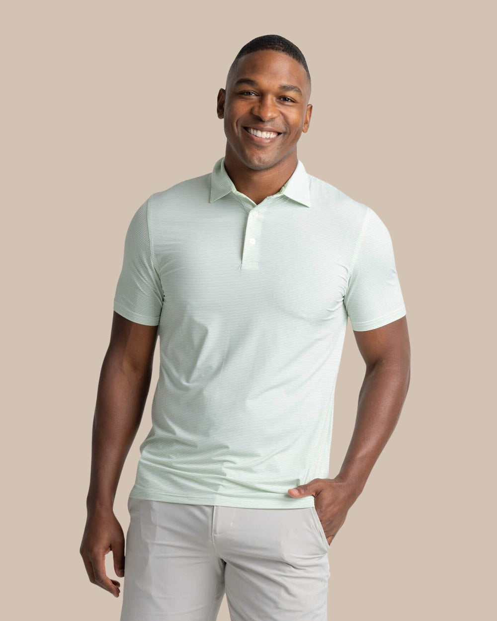 The front view of the Southern Tide brrr-eeze Meadowbrook Stripe Polo by Southern Tide - Smoke Green