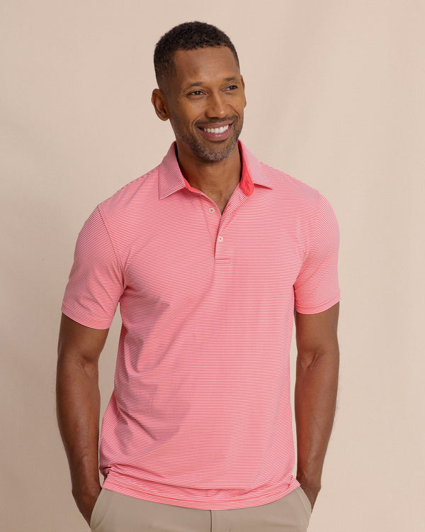 The front view of the Southern Tide brrr°®-eeze Meadowbrook Stripe Polo by Southern Tide - Snapper