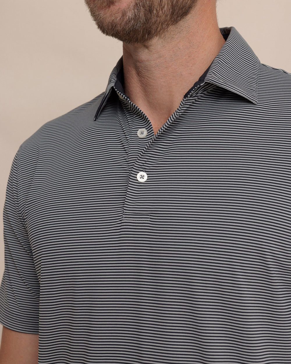 The detail view of the Southern Tide brrr°®-eeze Meadowbrook Stripe Polo by Southern Tide - Steel