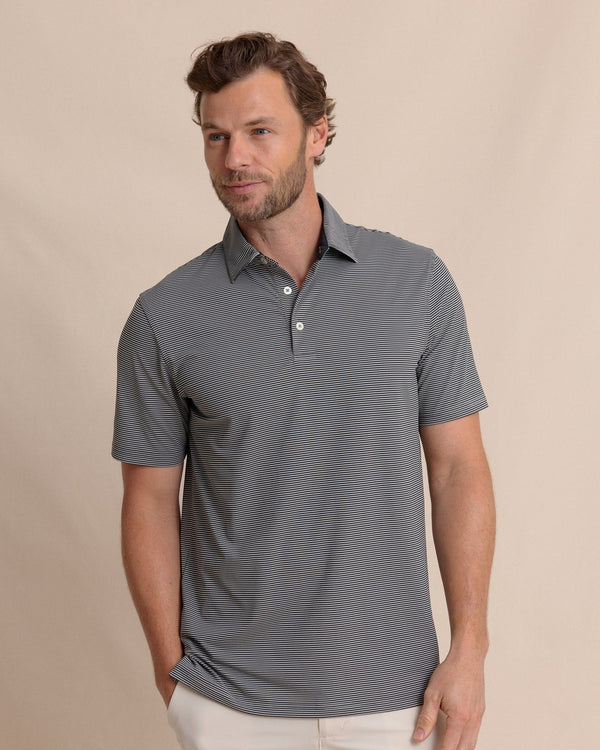 The front view of the Southern Tide brrr°®-eeze Meadowbrook Stripe Polo by Southern Tide - Steel