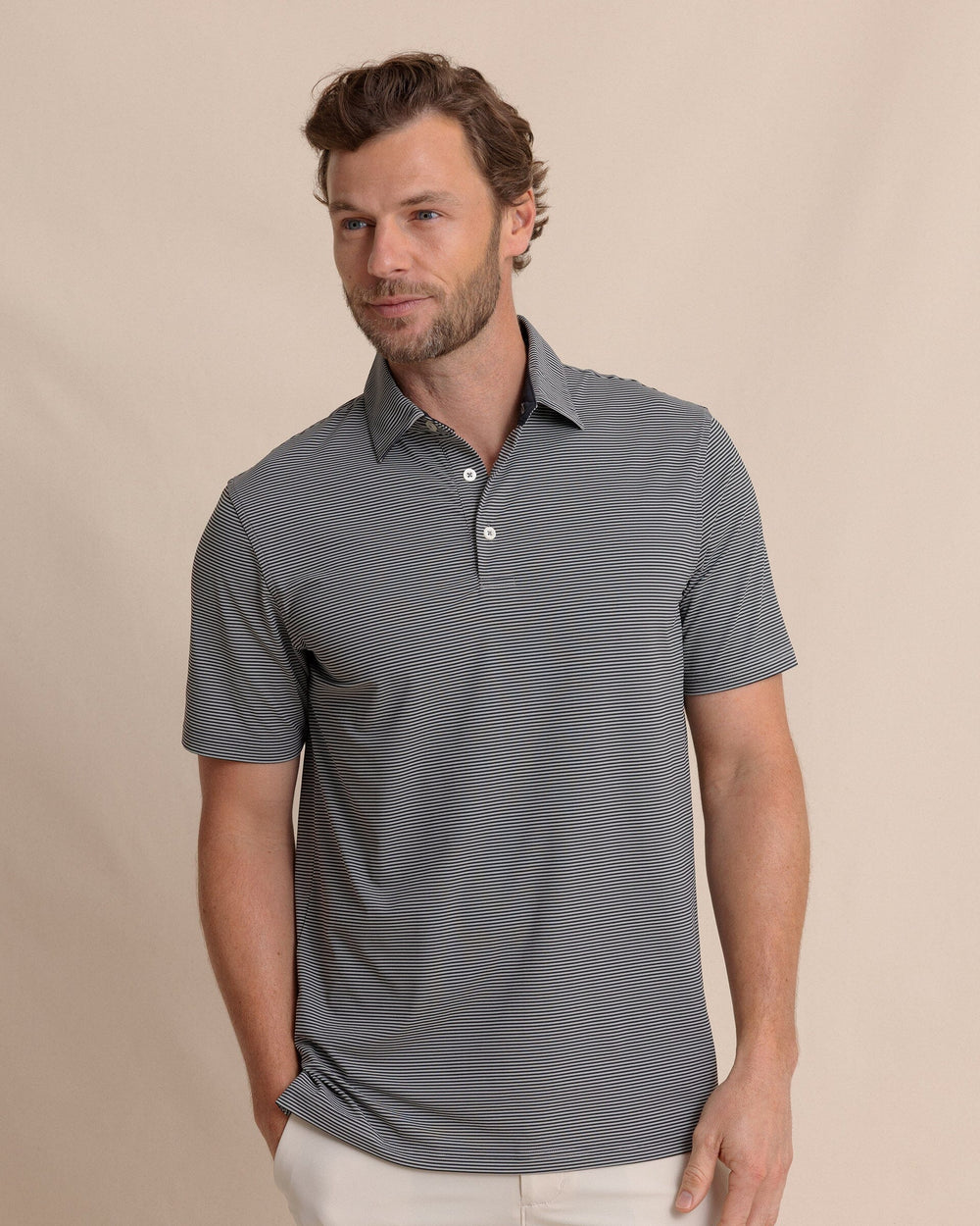 The front view of the Southern Tide brrr°®-eeze Meadowbrook Stripe Polo by Southern Tide - Steel