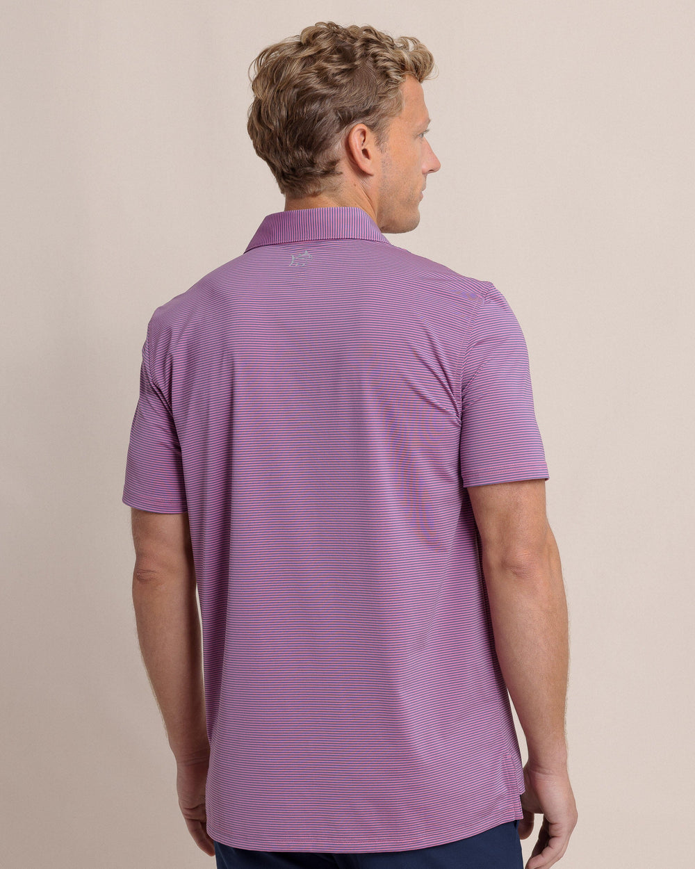 The back view of the Southern Tide brrr-eeze Meadowbrook Stripe Polo by Southern Tide - Very Berry