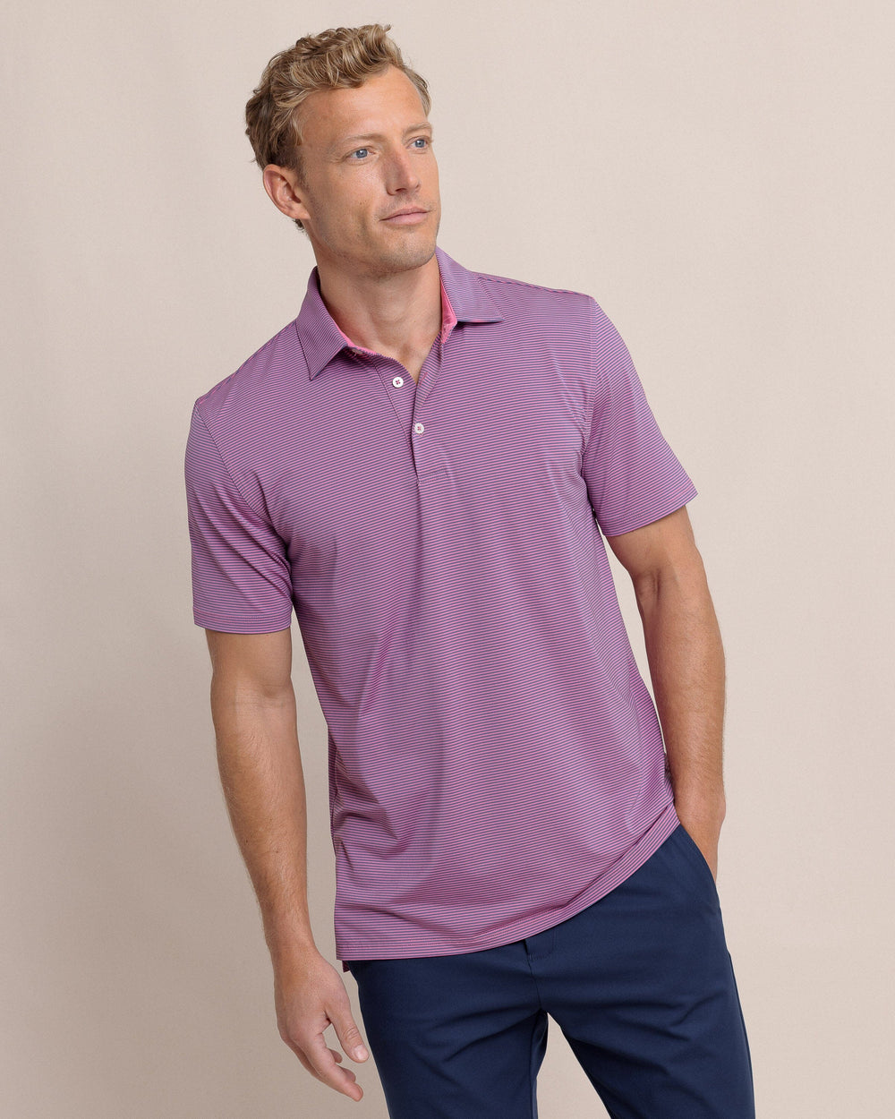 The front view of the Southern Tide brrr-eeze Meadowbrook Stripe Polo by Southern Tide - Very Berry