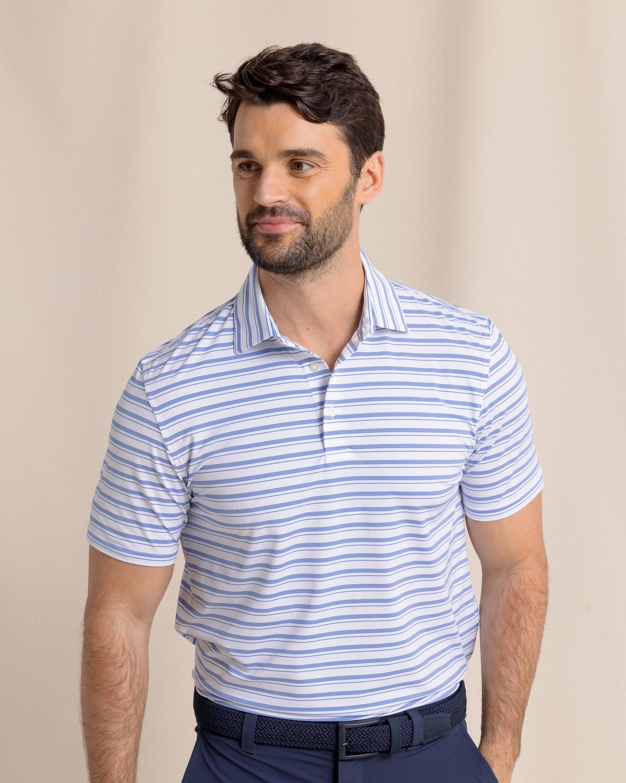 The front view of the Southern Tide brrr°®-eeze Pearl Cove Stripe Polo by Southern Tide - Classic White